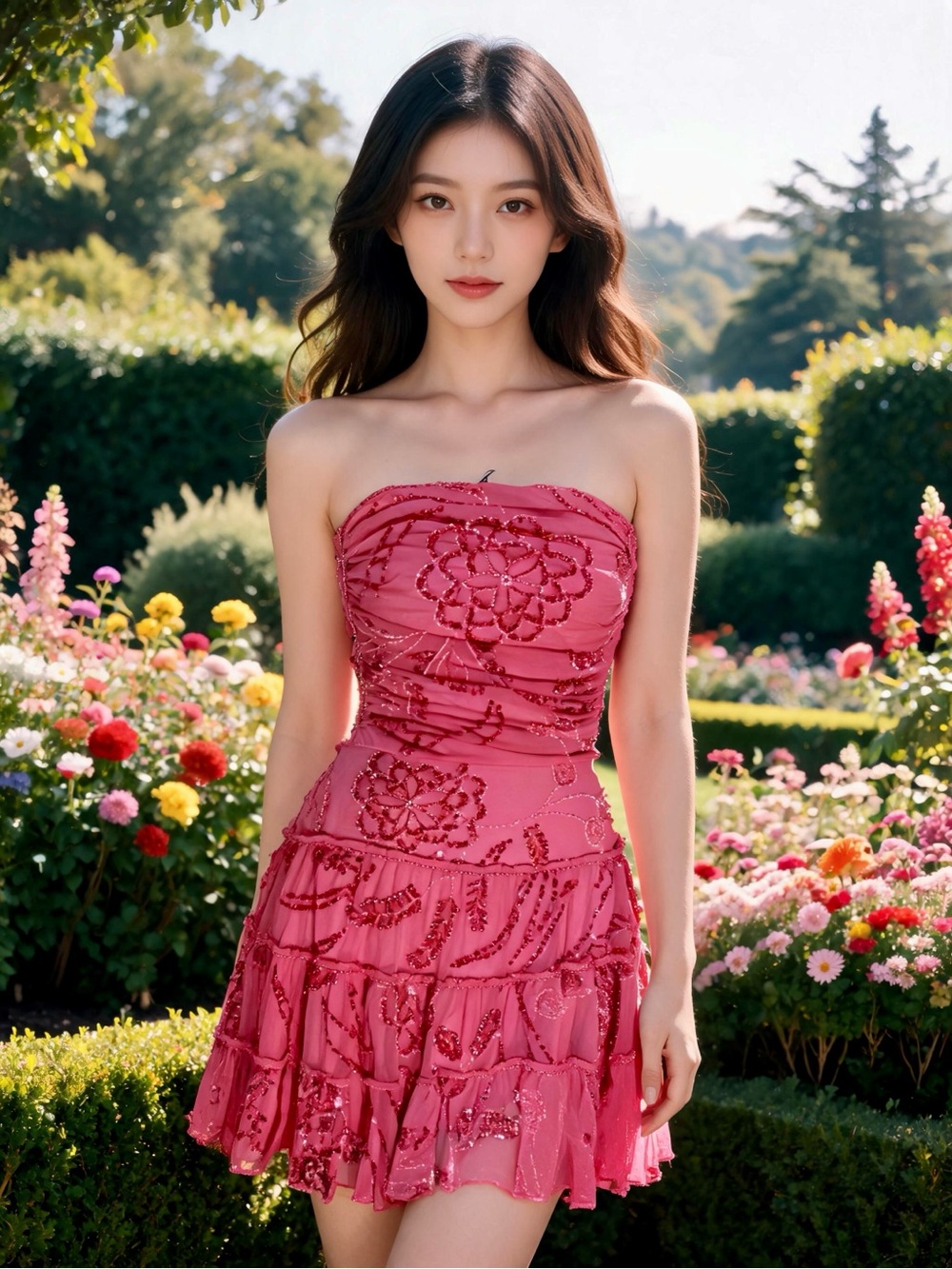 Strapless Pink hand beaded Sequin Floral Mini Dress Attitudes by Debra stretch‎